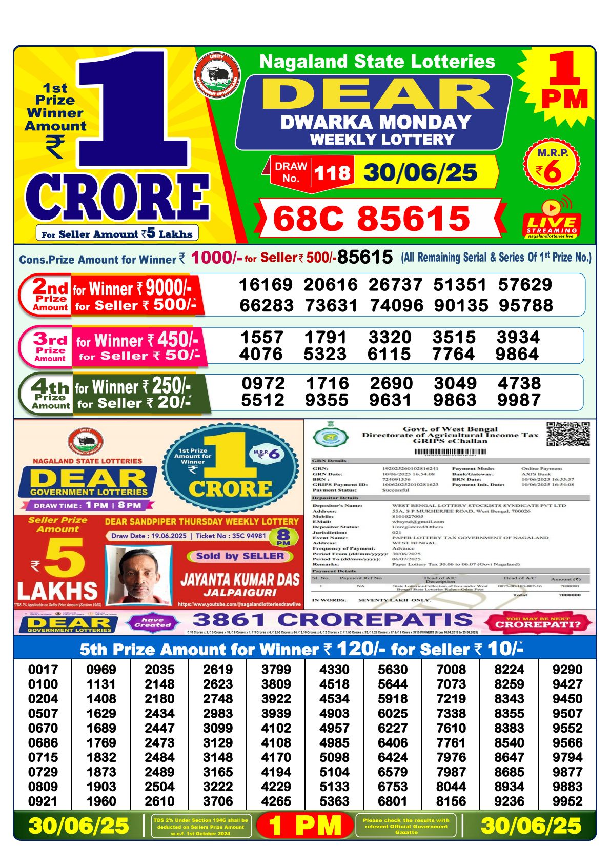 Dear Lottery Result 1PM 30 June 2025